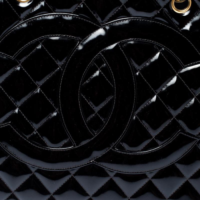Chanel Black Quilted Patent Leather Petite Shopping Tote 5