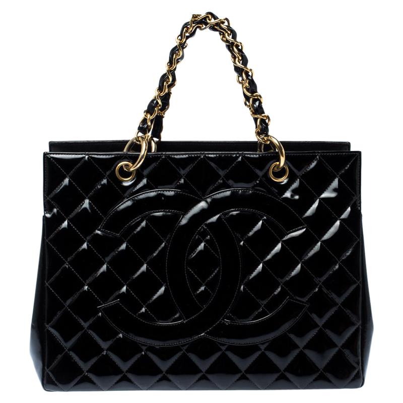 Chanel Black Quilted Patent Leather Petite Shopping Tote