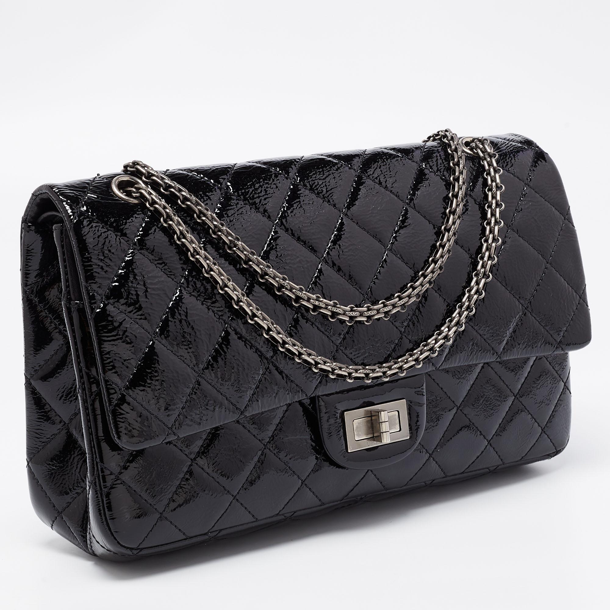 Chanel Black Quilted Patent Leather Reissue 2.55 Classic 227 Flap Bag In Good Condition In Dubai, Al Qouz 2