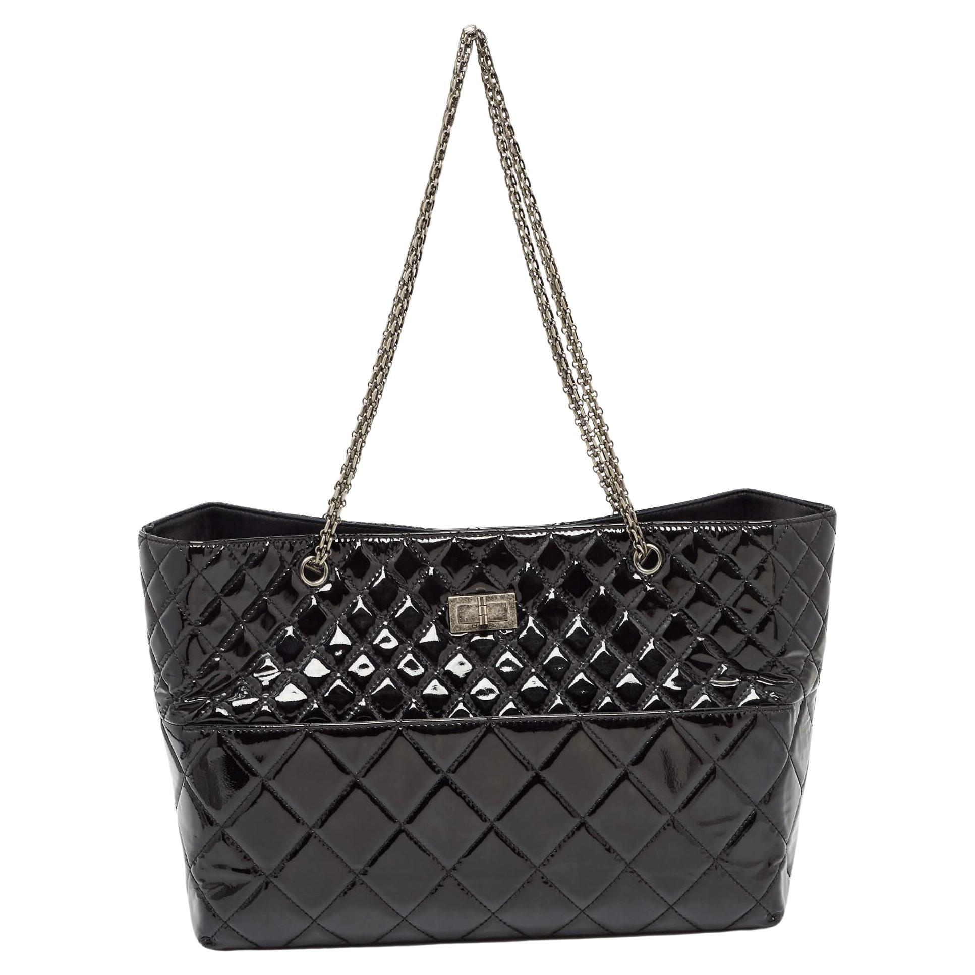 Chanel Black Quilted Patent Leather Reissue East West Tote For Sale
