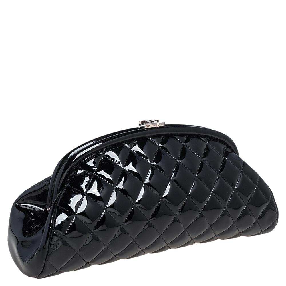 Chanel Black Quilted Patent Leather Timeless Clutch In Good Condition In Dubai, Al Qouz 2