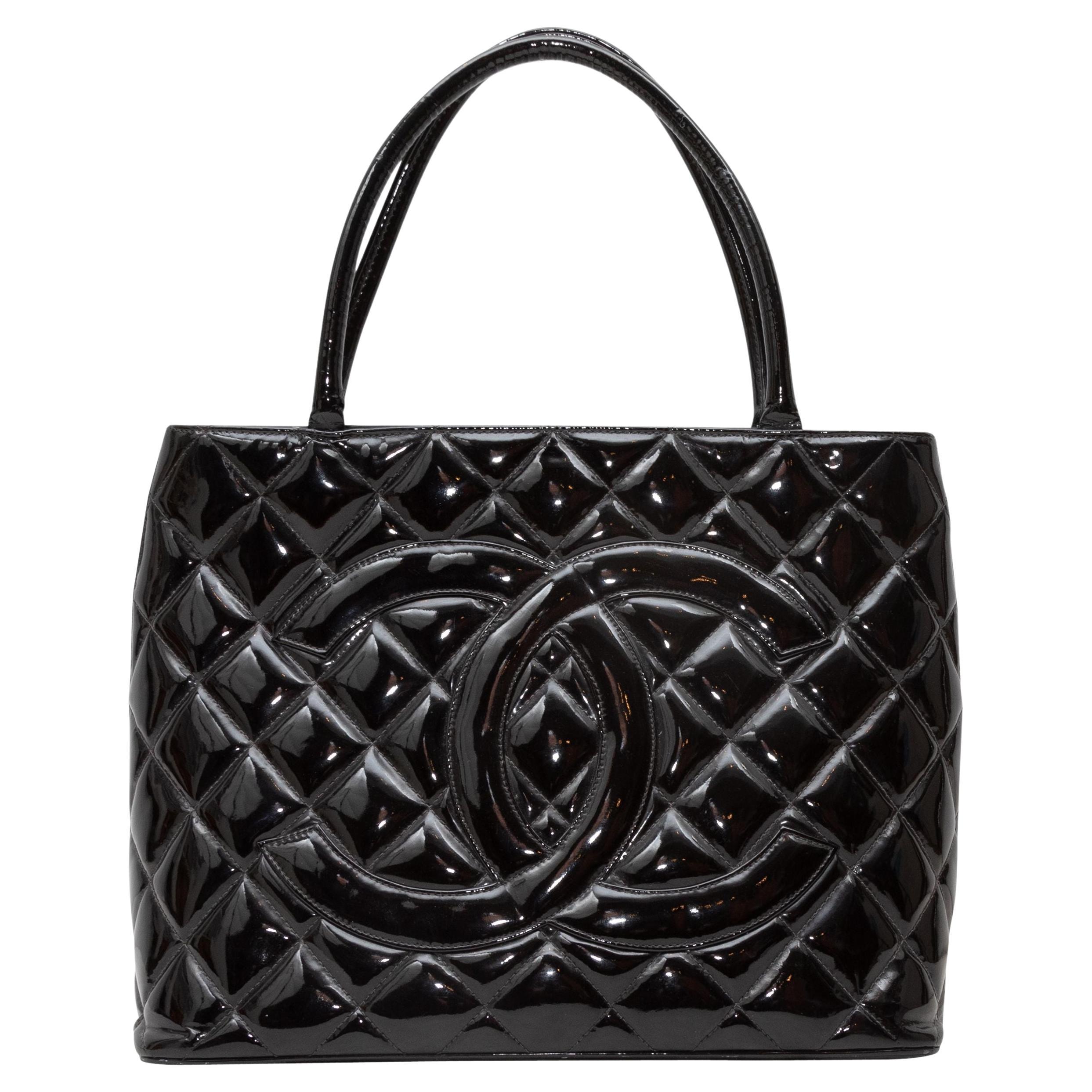 Chanel Black Quilted Patent Leather Tote Bag