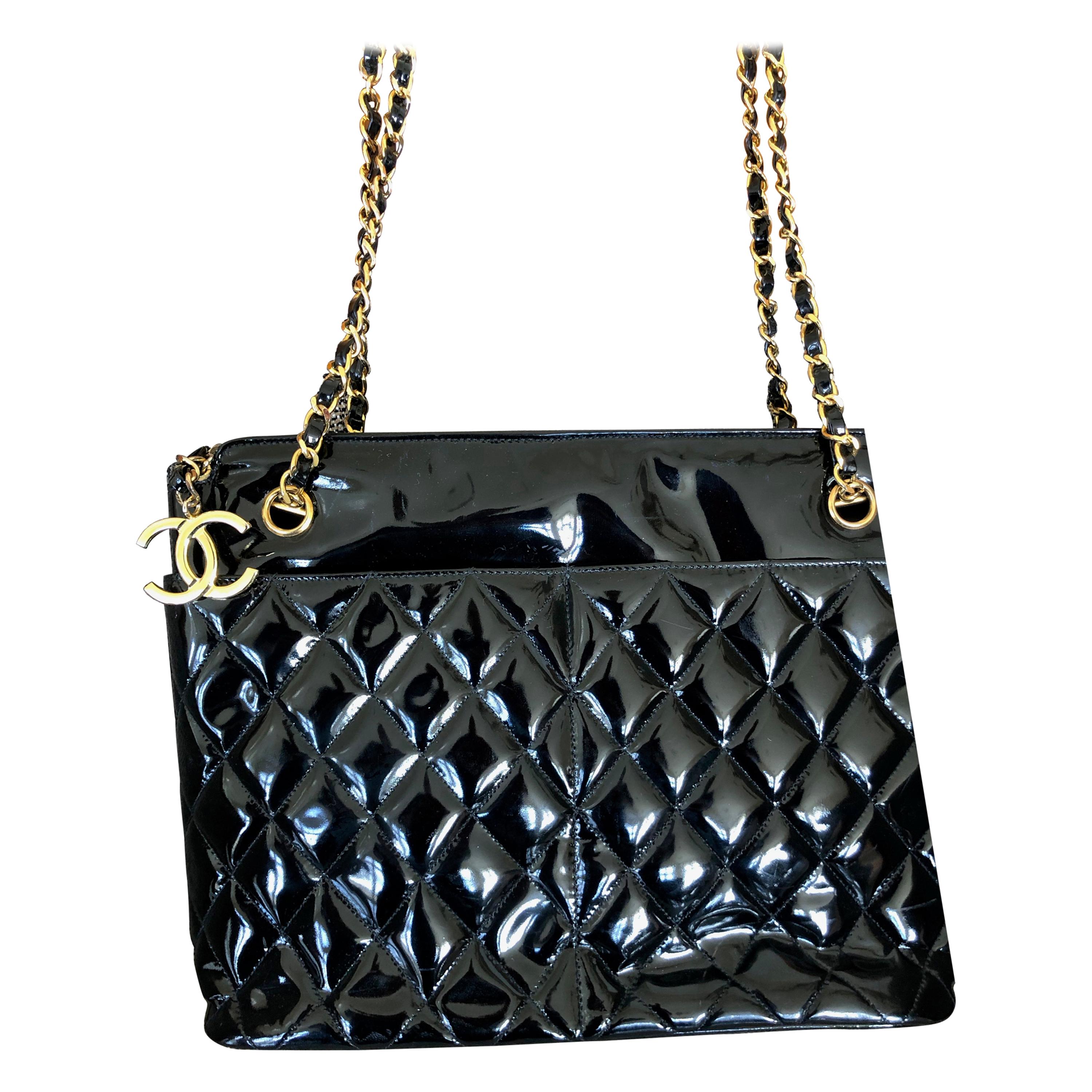 Chanel Black Quilted Patent Leather Tote Bag with Gold Chain and Hardware For Sale