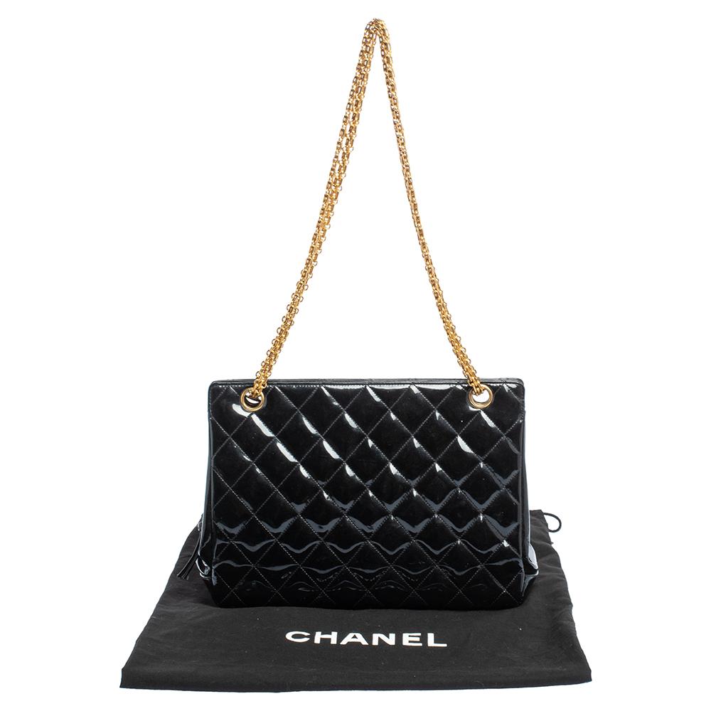 Chanel Black Quilted Patent Leather Vintage Chain Tote 1