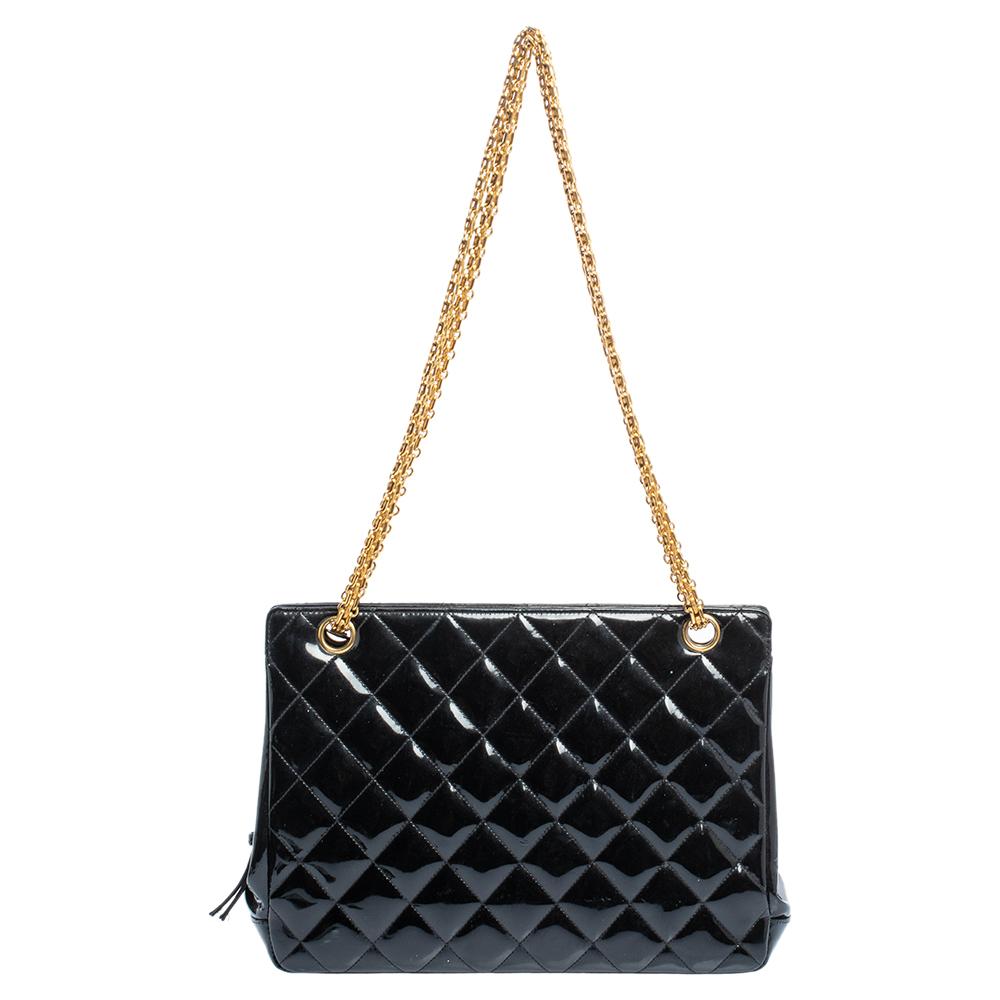 Chanel Black Quilted Patent Leather Vintage Chain Tote 3
