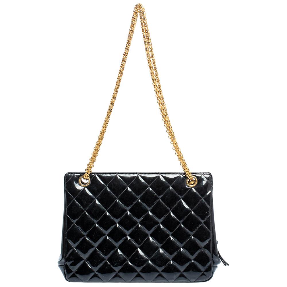 Chanel Black Quilted Patent Leather Vintage Chain Tote