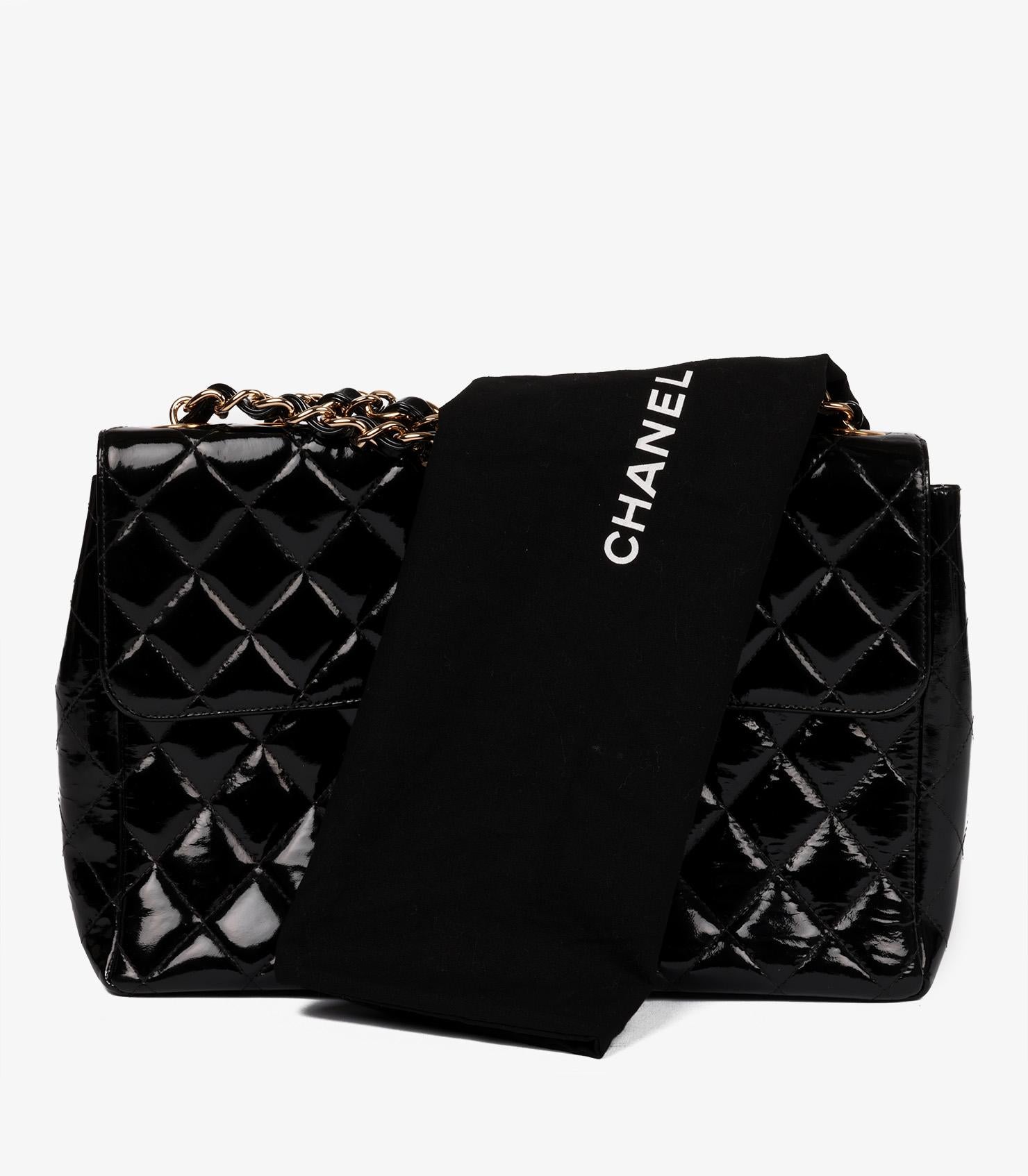 Chanel Black Quilted Patent Leather Vintage Jumbo XL Classic Single Flap Bag For Sale 6