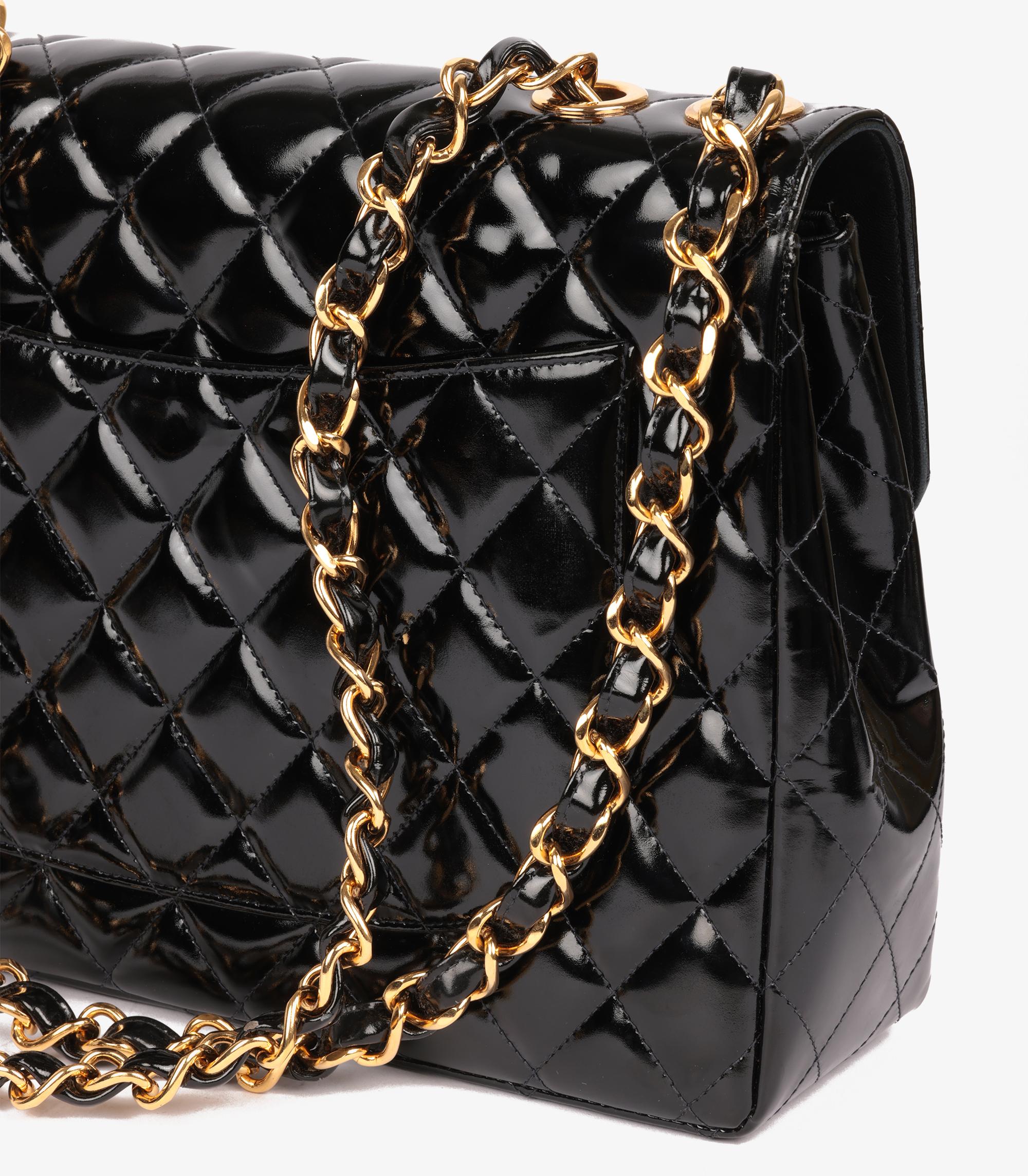 Chanel Black Quilted Patent Leather Vintage Jumbo XL Classic Single Flap Bag en venta 5