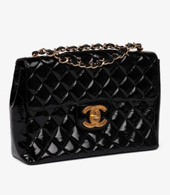 Chanel Black Quilted Patent Leather Vintage Jumbo XL Classic Single Flap Bag