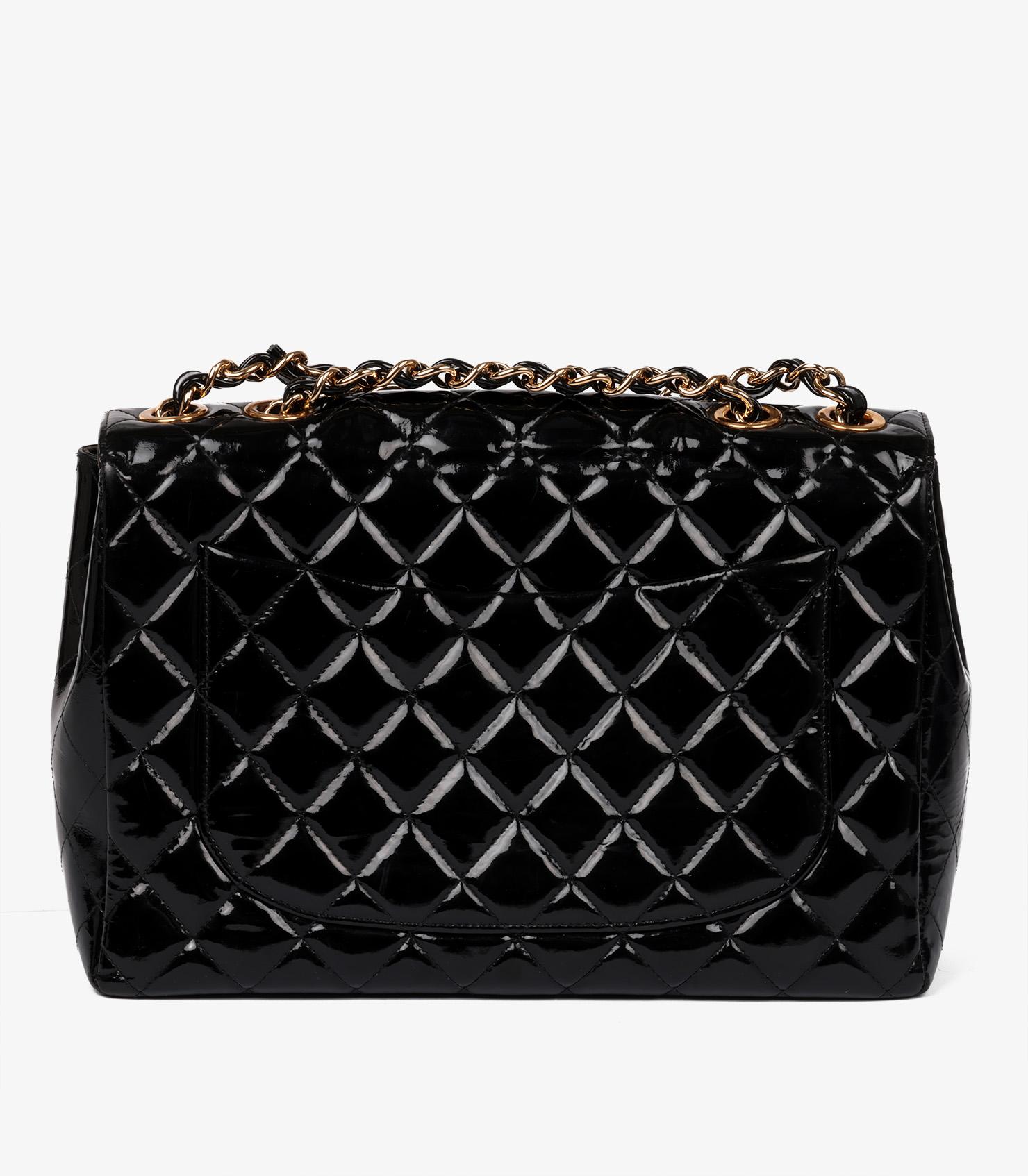 Chanel Black Quilted Patent Leather Vintage Jumbo XL Classic Single Flap Bag For Sale 1