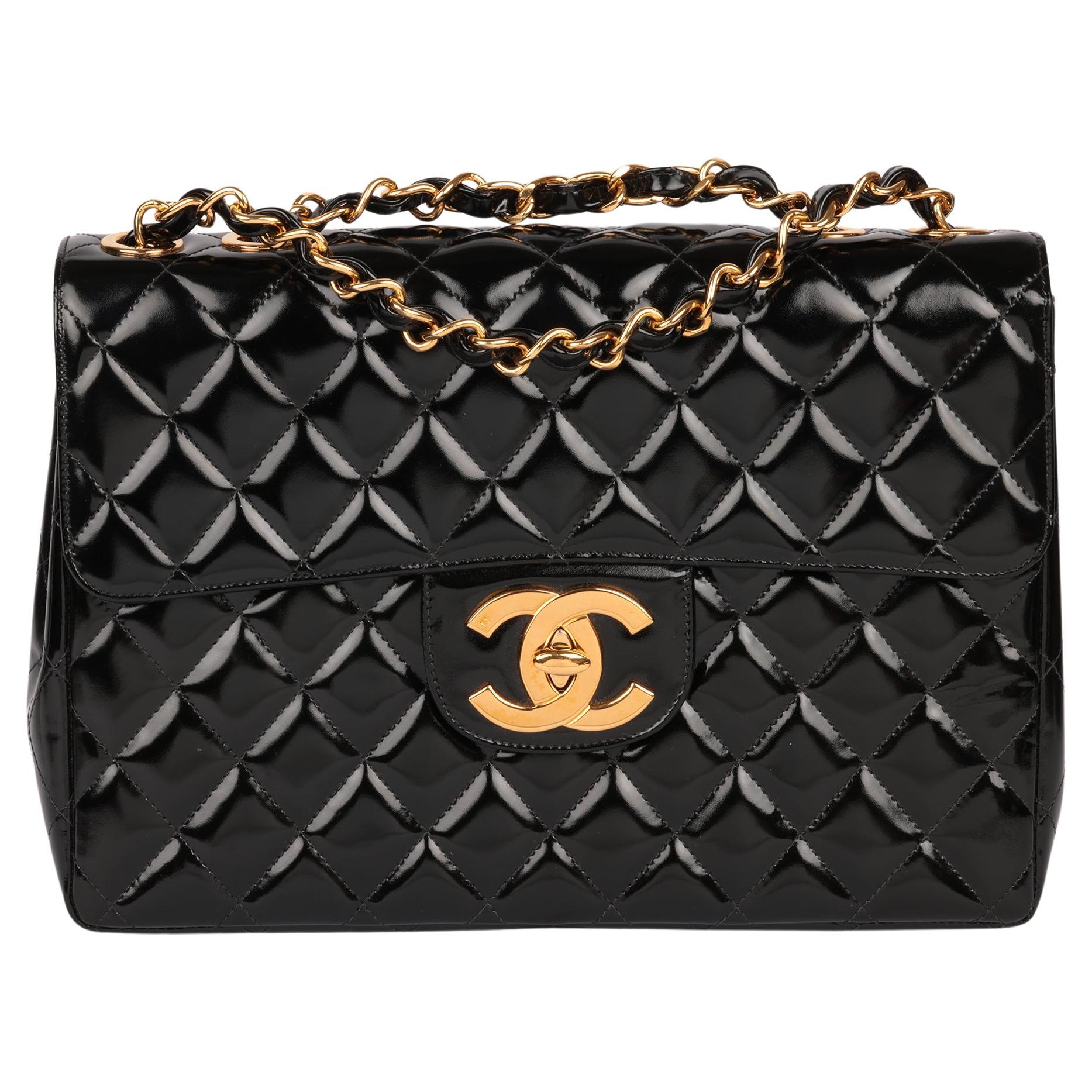 Chanel Black Quilted Patent Leather Vintage Jumbo XL Classic Single Flap Bag For Sale