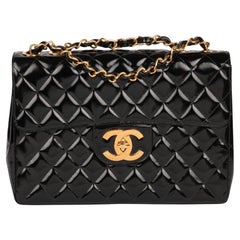 Chanel Black Quilted Patent Leather Vintage Jumbo XL Classic Single Flap Bag