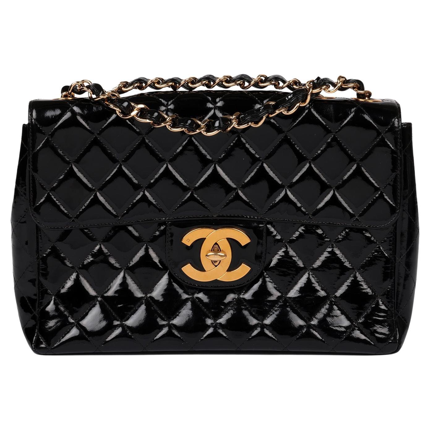 Chanel Black Quilted Patent Leather Vintage Jumbo XL Classic Single Flap Bag For Sale