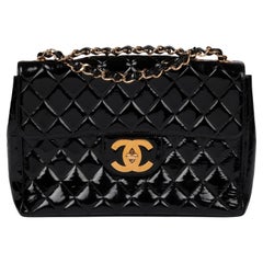Chanel Black Quilted Patent Leather Vintage Jumbo XL Classic Single Flap Bag