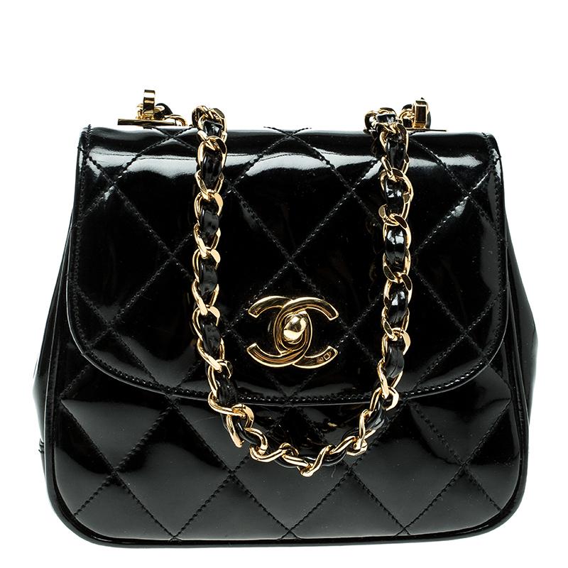 Chanel Black Quilted Patent Leather Vintage Mini Single Flap Bag