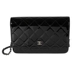 Chanel Black Quilted Patent Leather Wallet On Chain