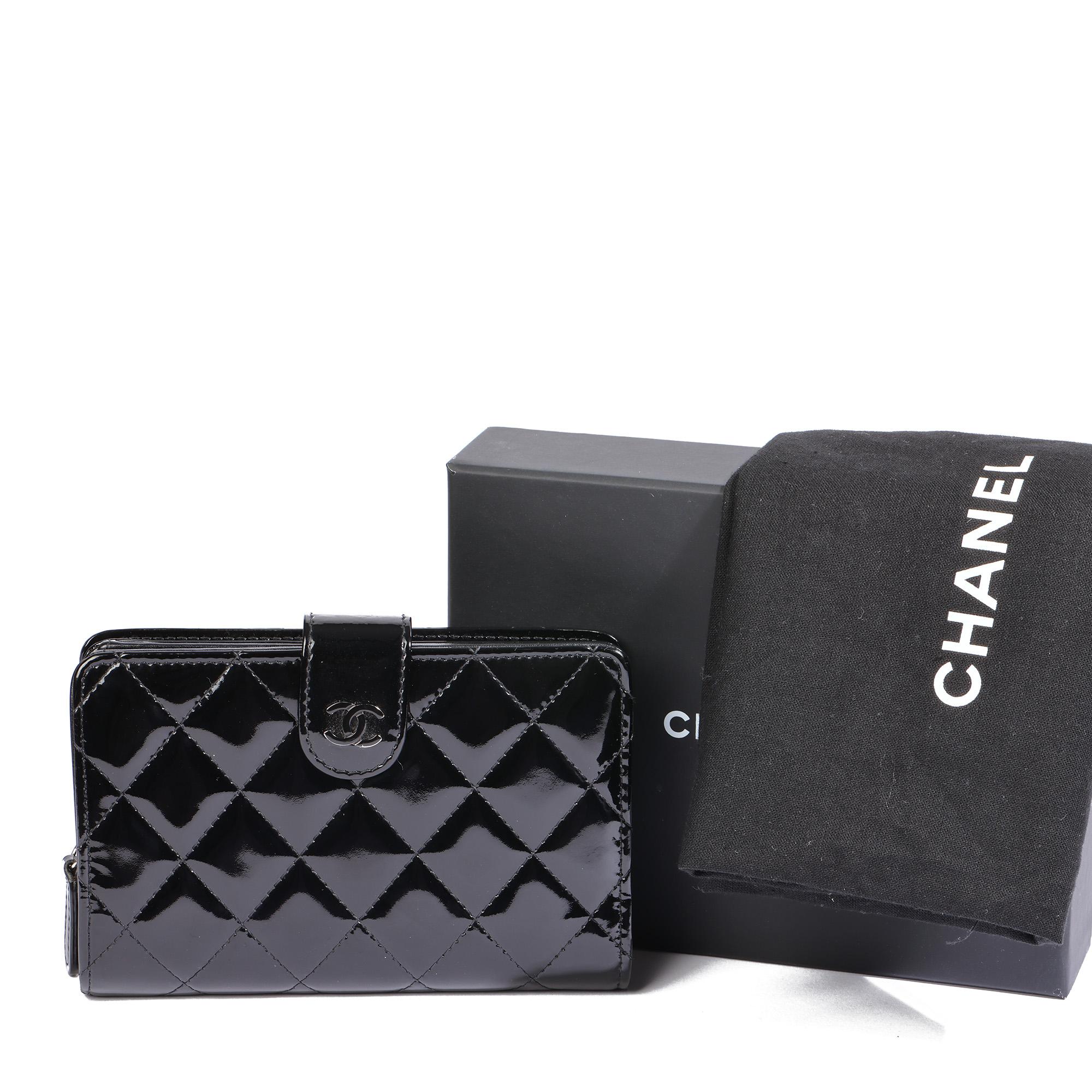 Chanel BLACK QUILTED PATENT LEATHER ZIP POCKET WALLET 2
