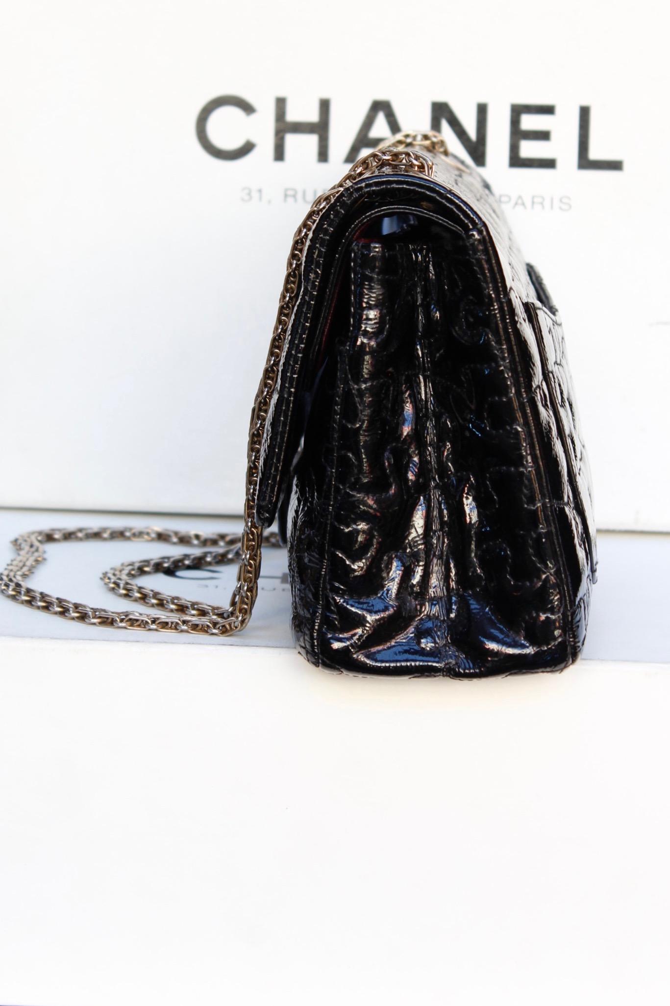 Black Chanel black quilted patent leather”Puzzle” bag model 2.55, 2008-2009 For Sale