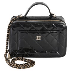 Chanel Black Quilted Patent Top Handle Vanity With Chain