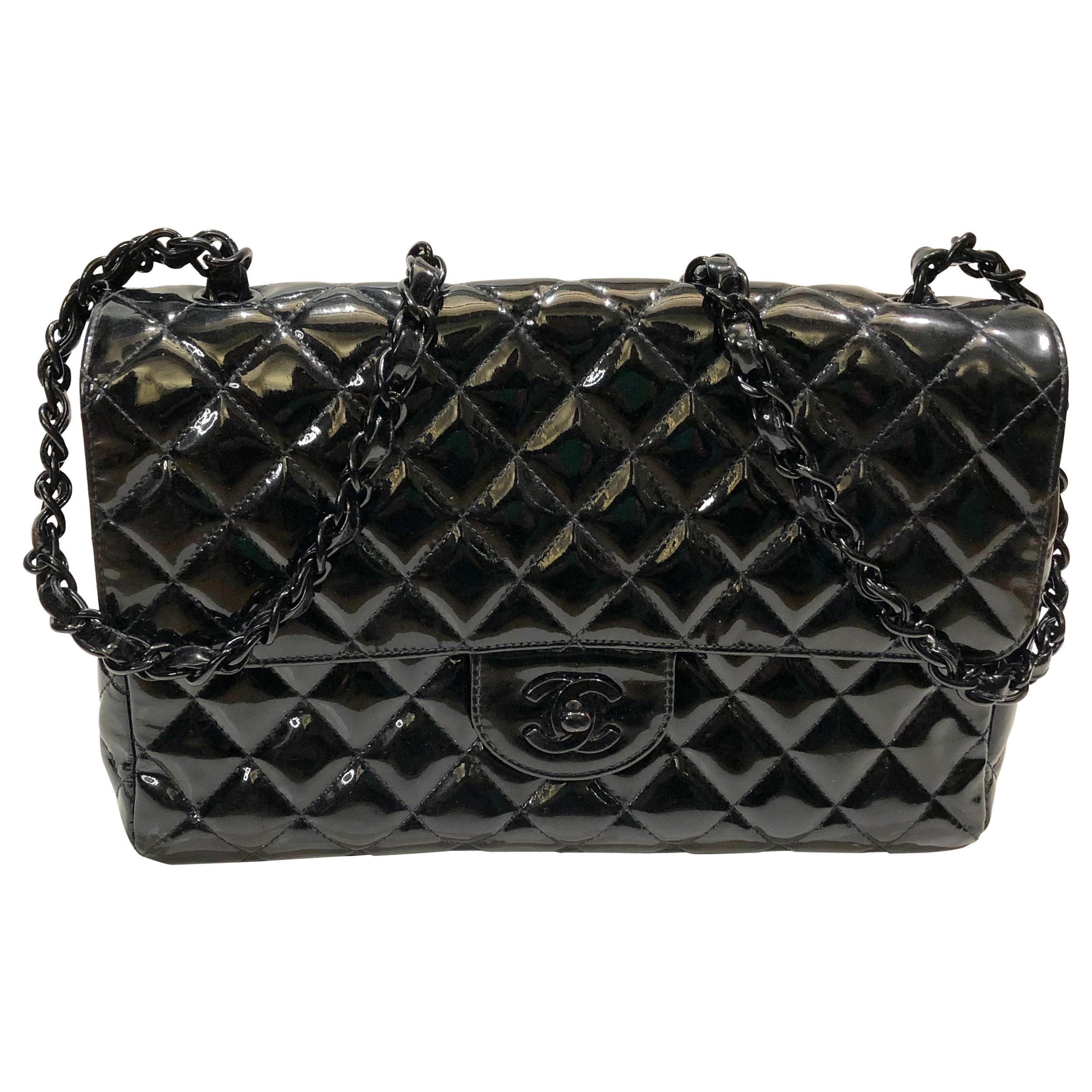 Chanel black quilted patent with black hardware " CC" flap shoulder bag