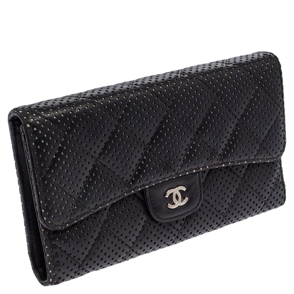 Women's Chanel Black Quilted Perforated Leather Continental Wallet