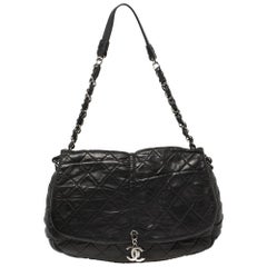 Chanel Black Quilted Pleats Leather Flap CC Charm Hobo