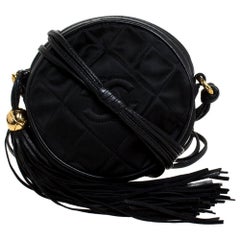 Chanel Black Quilted Satin and Leather CC Fringe Round Crossbody Bag