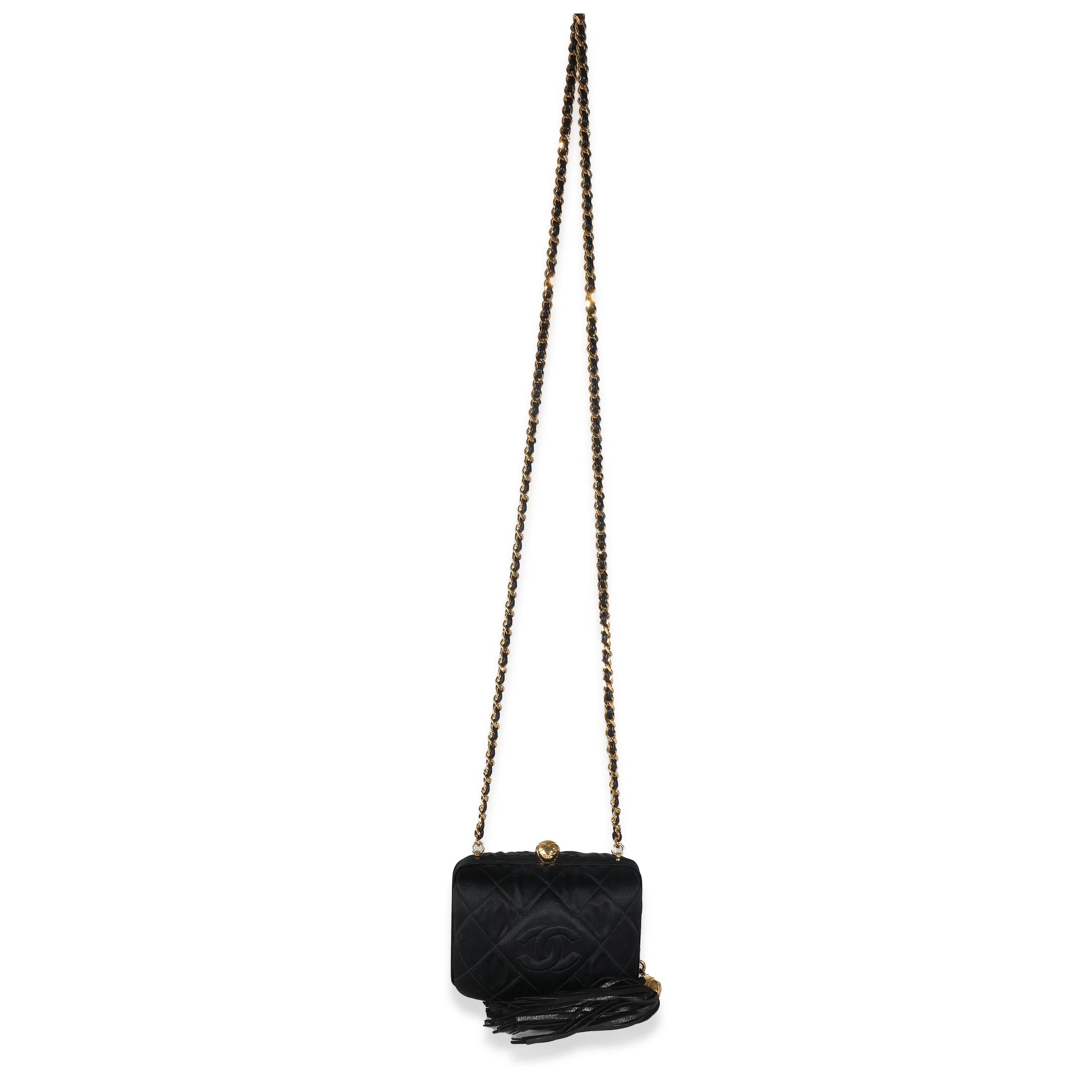 Chanel Black Quilted Satin CC Tassel Box Clutch In Excellent Condition For Sale In New York, NY