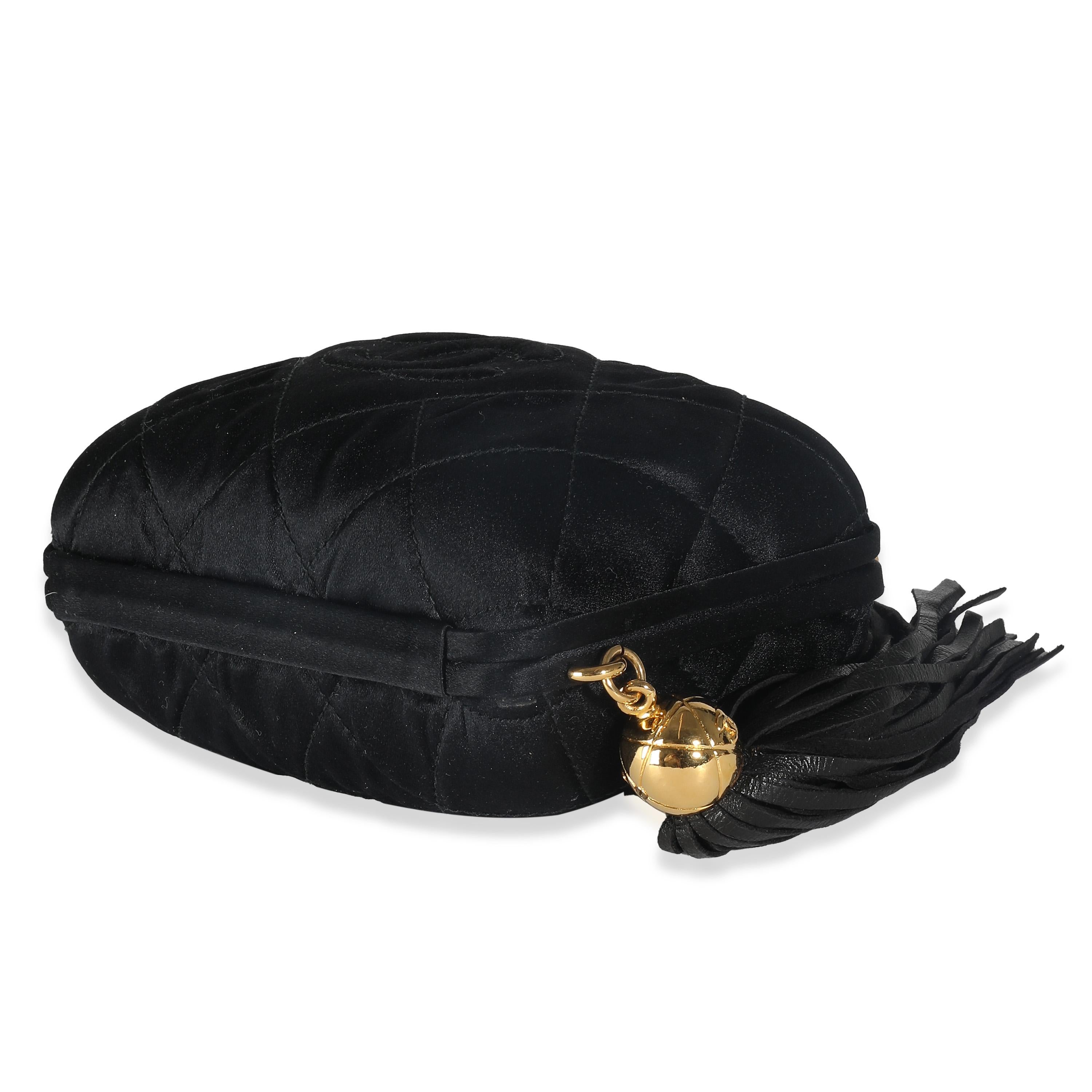 Chanel Black Quilted Satin CC Tassel Box Clutch For Sale 1