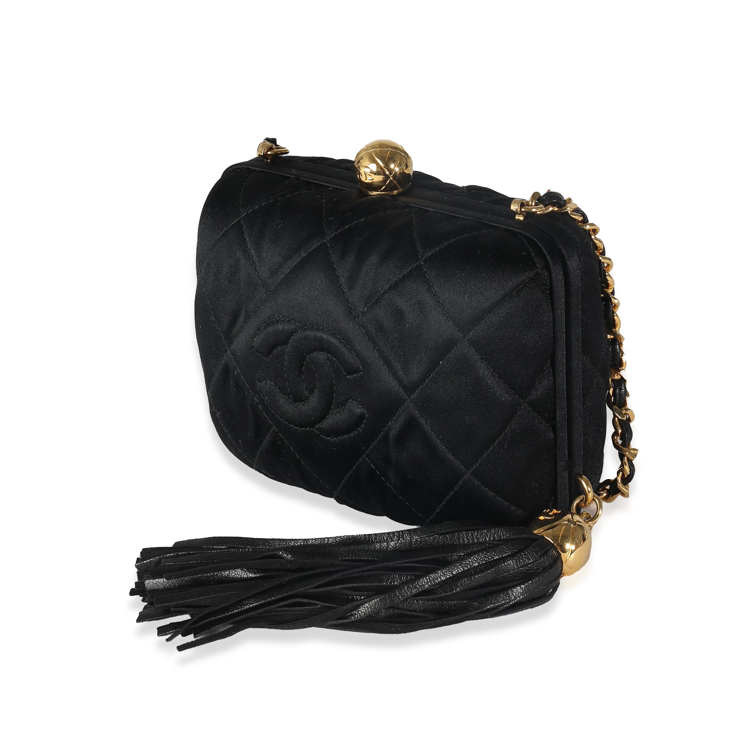 Chanel Black Quilted Satin CC Tassel Box Clutch For Sale 2