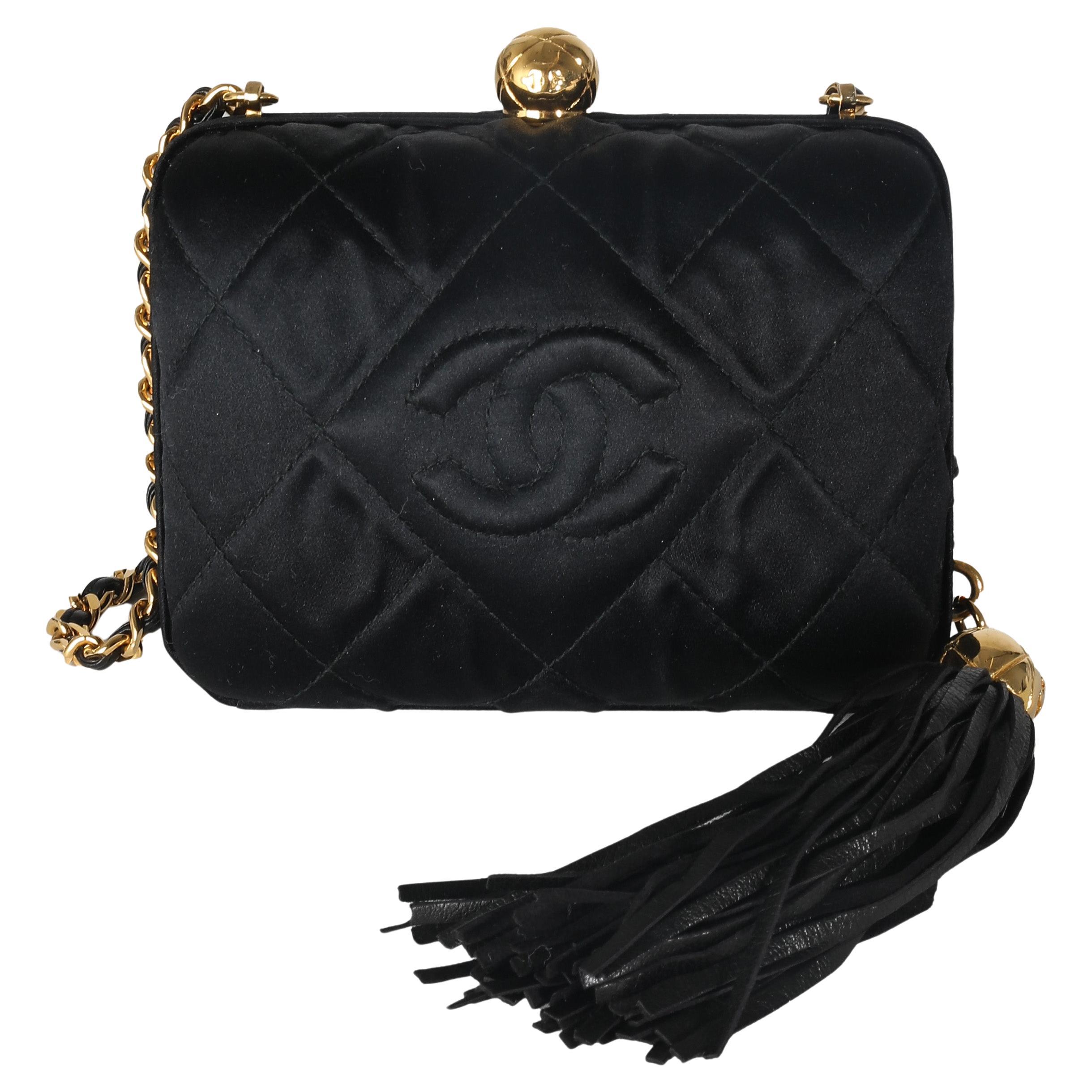 Chanel Black Quilted Satin CC Tassel Box Clutch For Sale