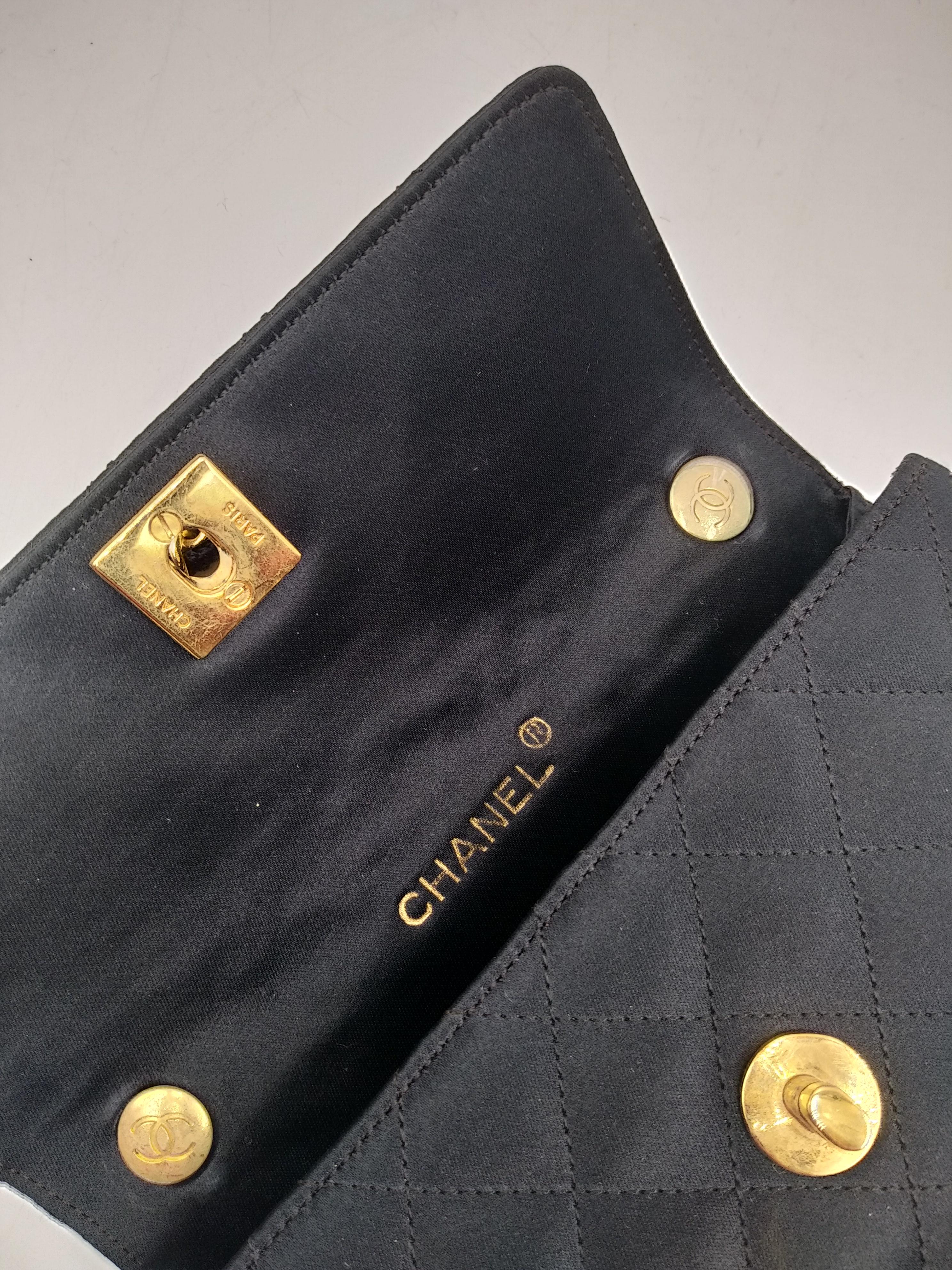 Chanel Black Quilted Satin Mini Flap Bag with Gold Hardware For Sale 6