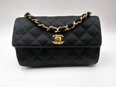 Chanel Black Quilted Satin Mini Flap Bag with Gold Hardware