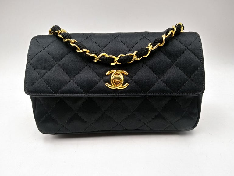 Chanel Black Quilted Satin Mini Flap Bag with Gold Hardware For
