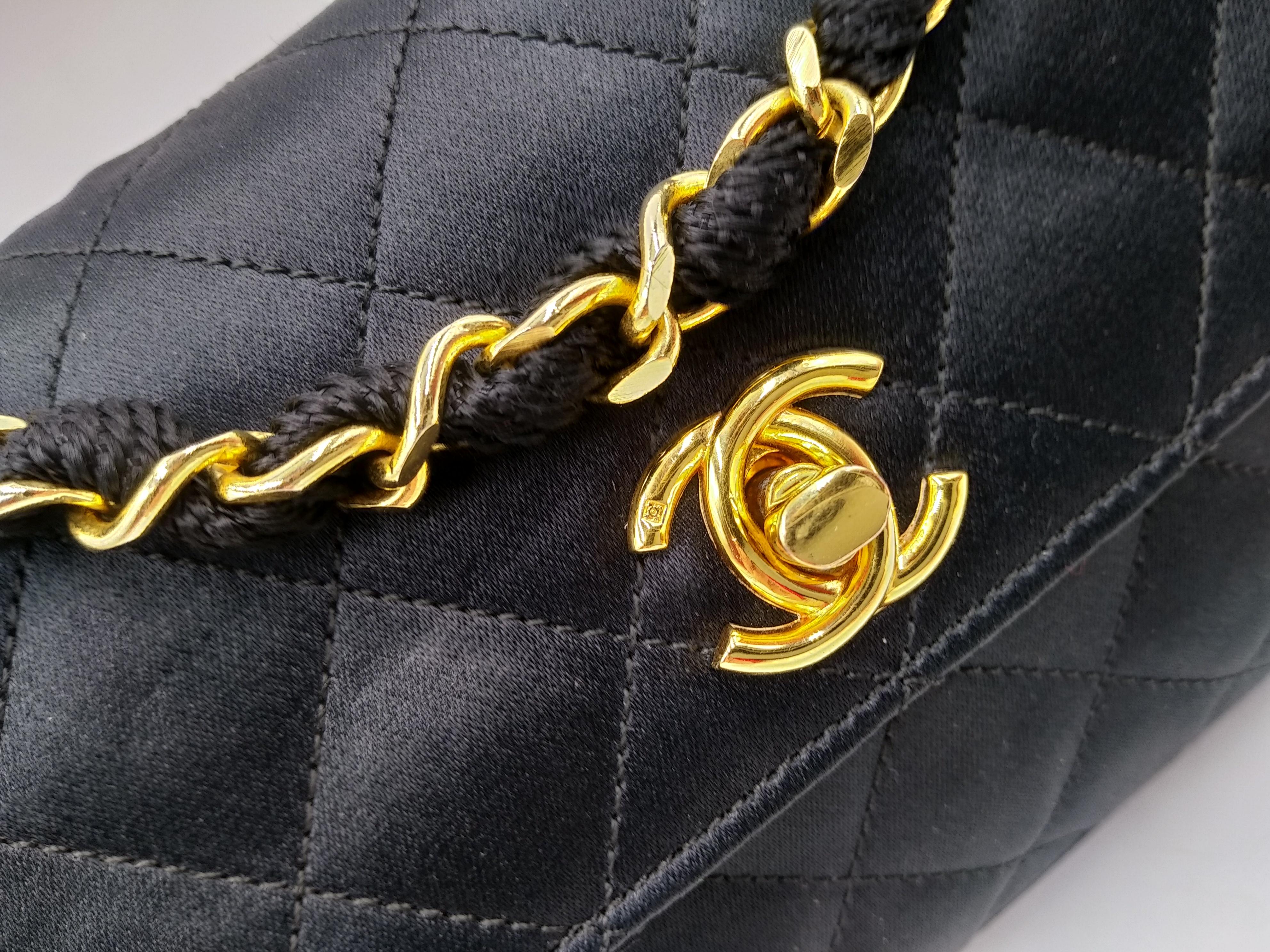 Chanel Black Quilted Satin Mini Flap Bag with Gold Hardware In Good Condition For Sale In Lugano, Ticino