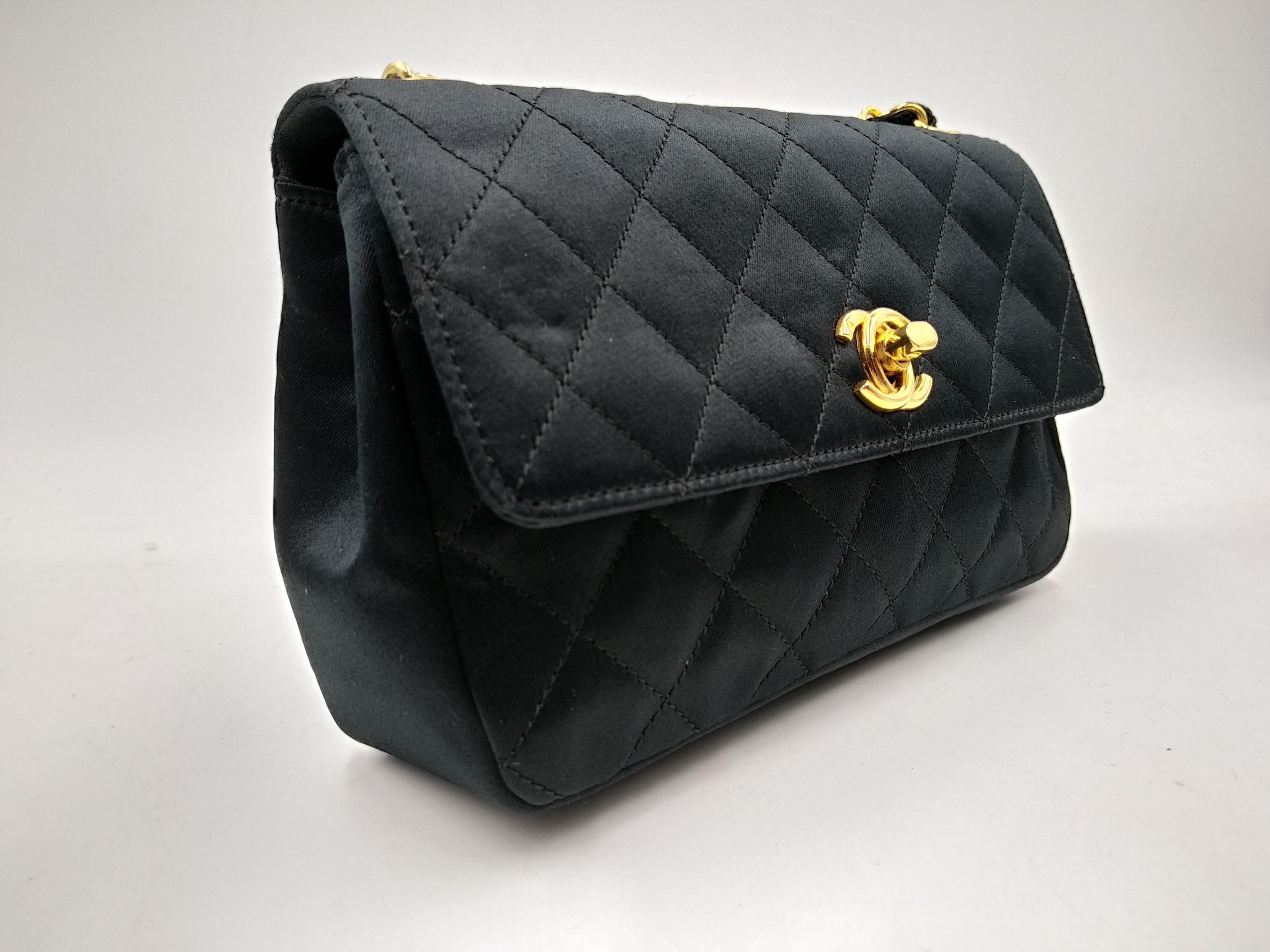 Chanel Black Quilted Satin Mini Flap Bag with Gold Hardware For Sale 1