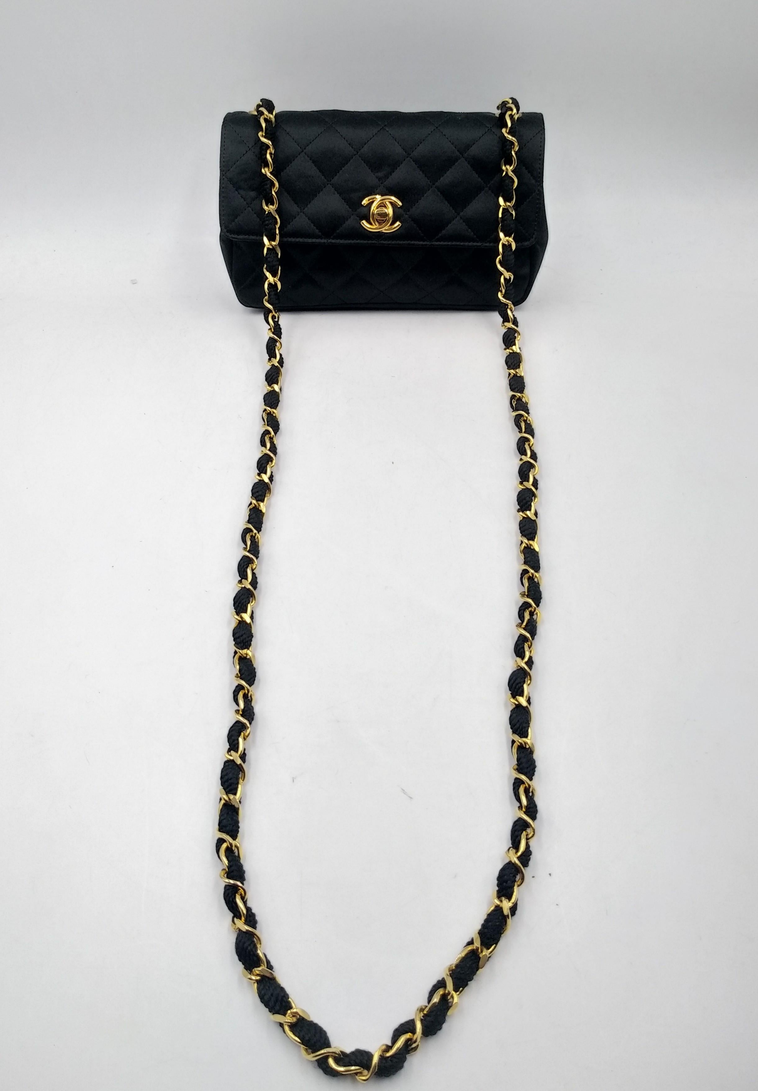 Chanel Black Quilted Satin Mini Flap Bag with Gold Hardware For Sale 4