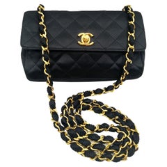 Vintage Chanel Black Quilted Satin Mini Flap Bag with Gold Hardware