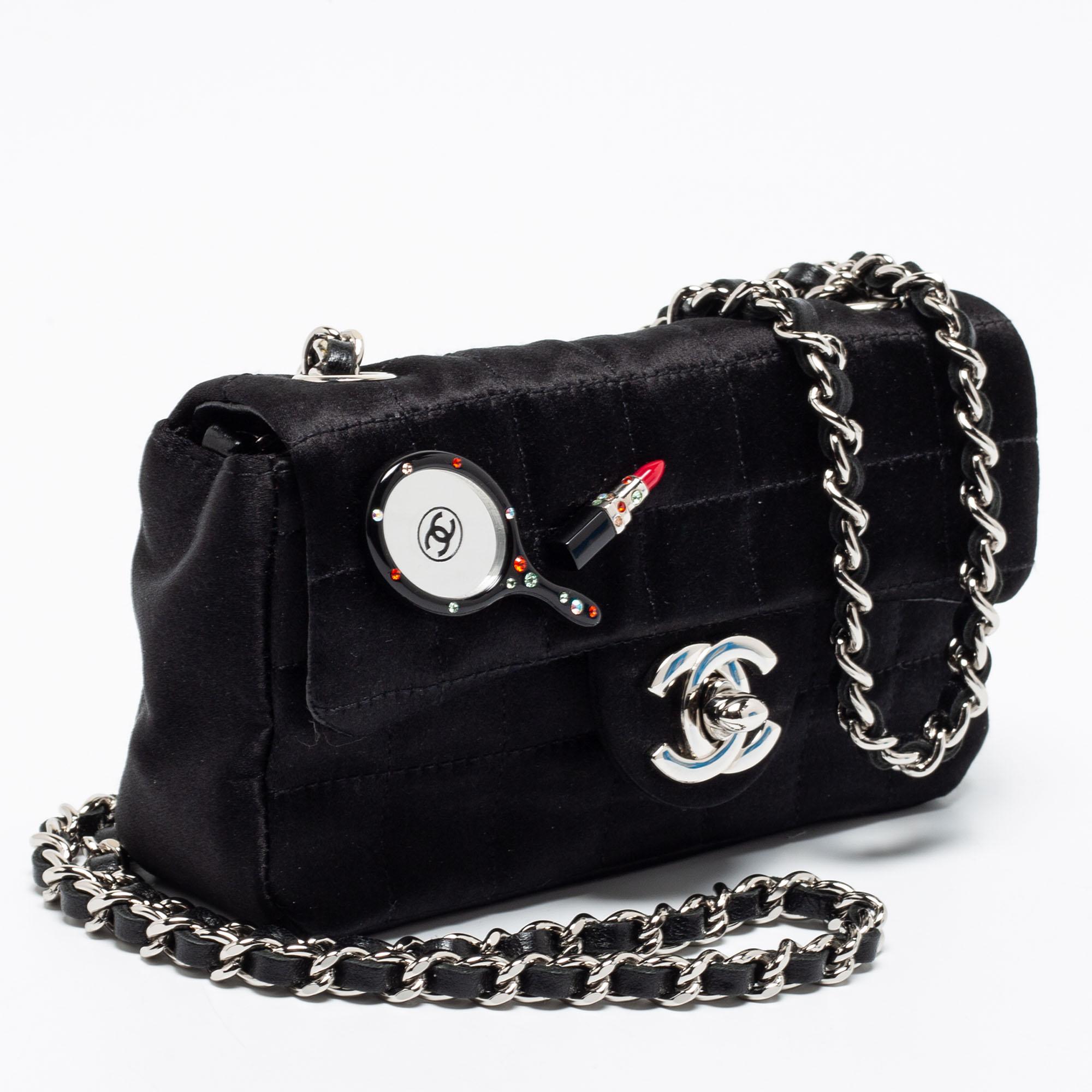 Women's Chanel Black Quilted Satin Square Charms Flap Bag