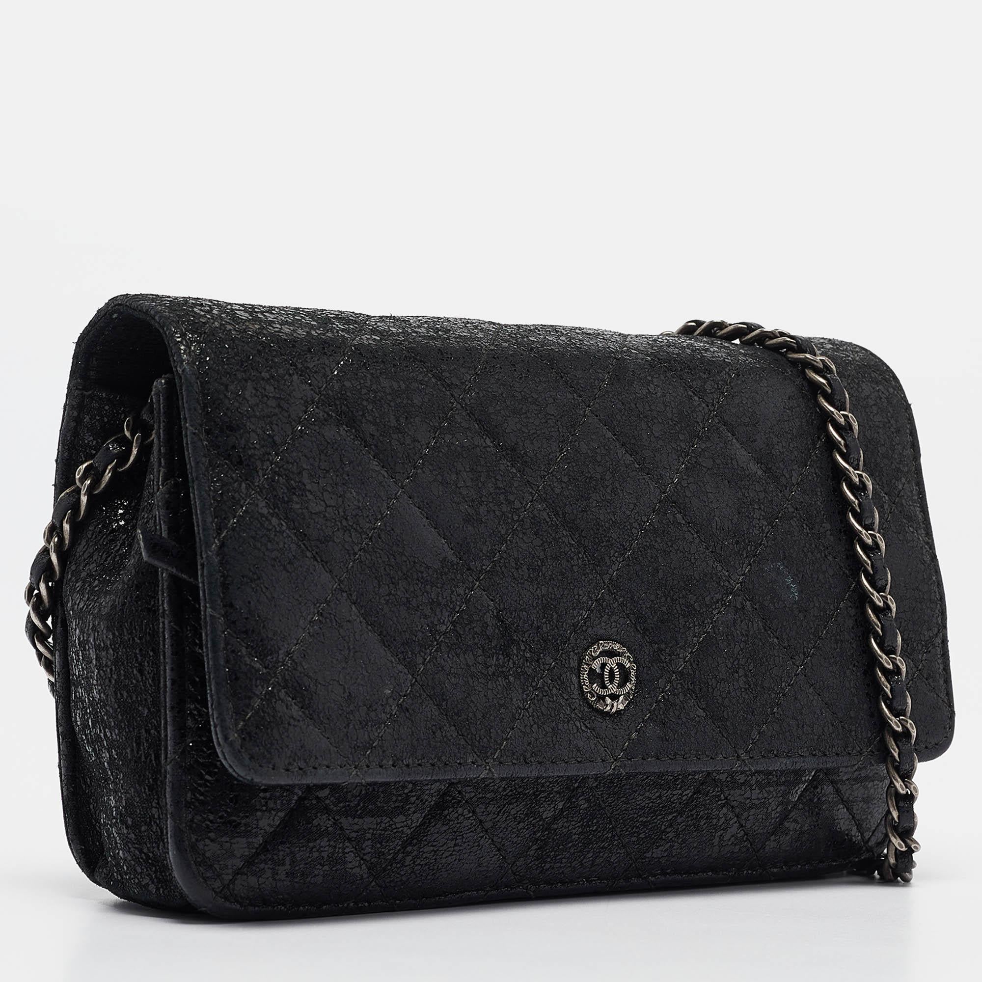 Women's Chanel Black Quilted Shimmering Leather WOC Clutch Bag For Sale