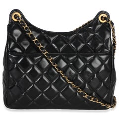 Chanel Black Quilted Shiny Crumpled Calfskin Small Wavy CC Hobo