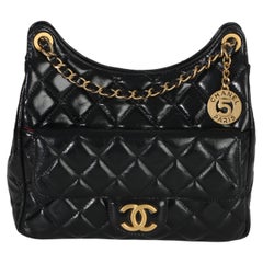 Chanel Black Quilted Shiny Crumpled Calfskin Small Wavy CC Hobo