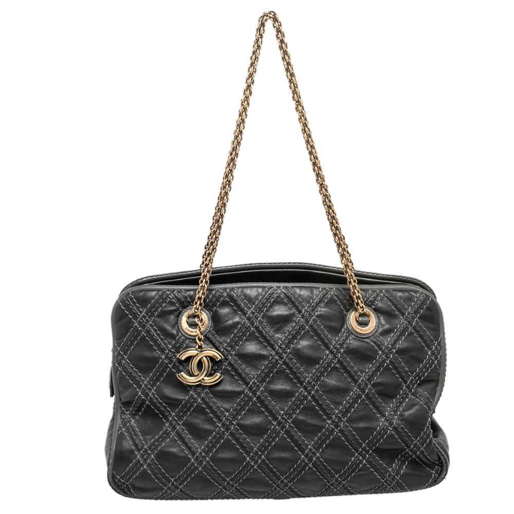 Chanel Black Quilted Stitch Leather Triptych Tote