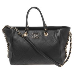 Chanel Black Quilted Stitched Leather Small Shopper Tote