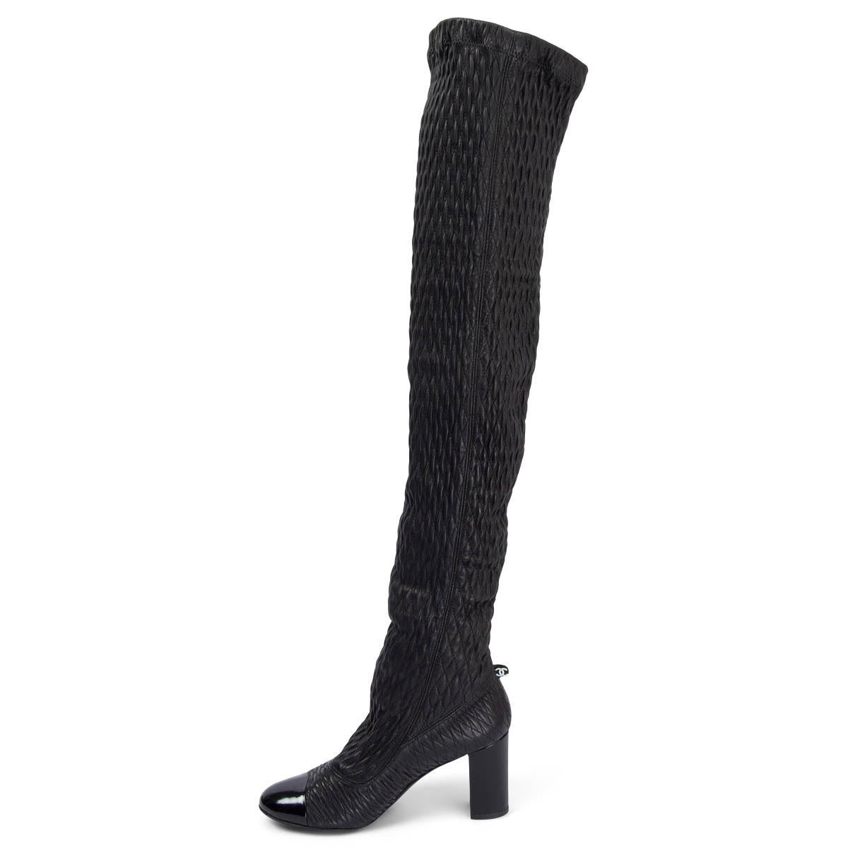 Black CHANEL black QUILTED STRETCH leather OVER KNEE BLOCK HEEL Boots Shoes 36.5 For Sale