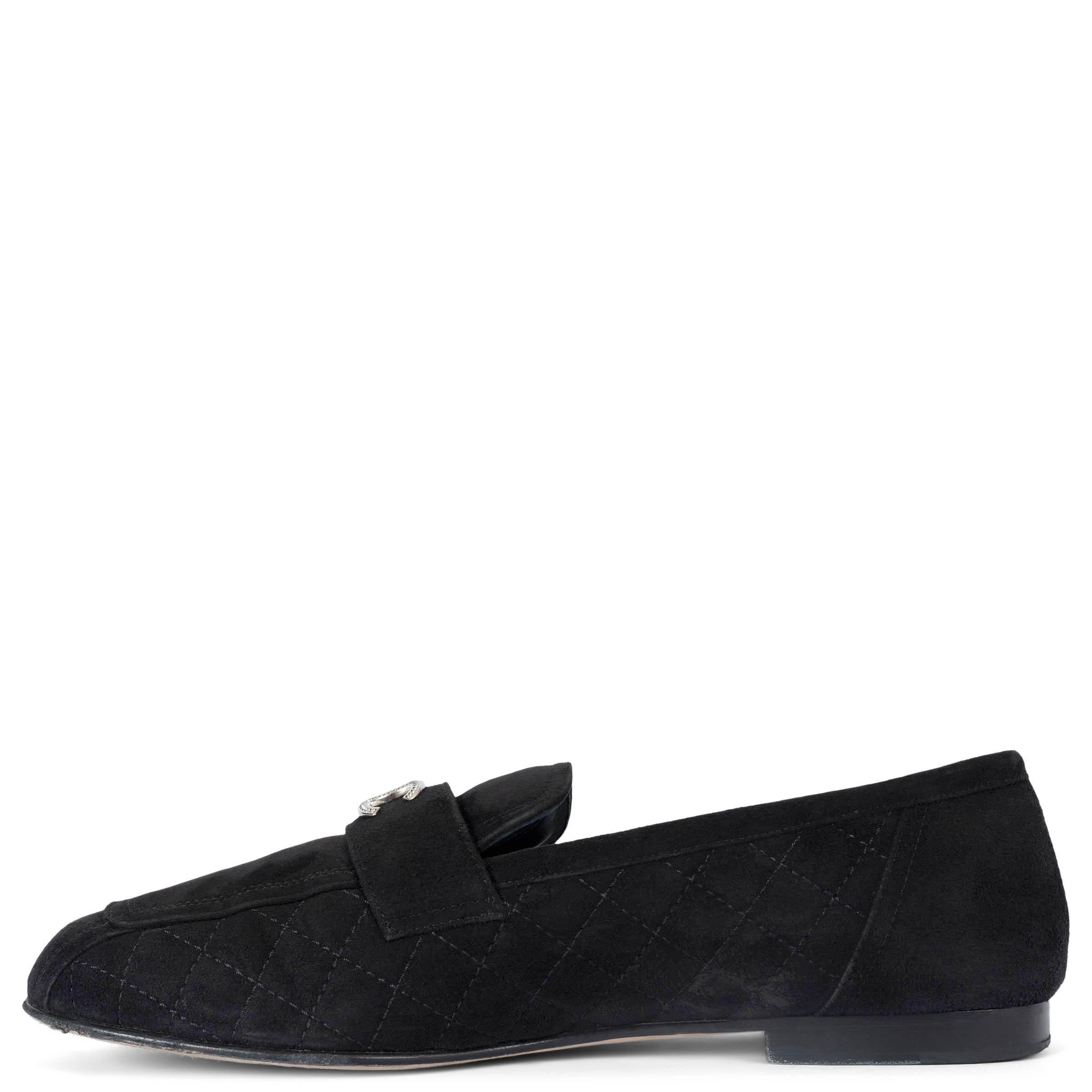 Black CHANEL black quilted suede 2019 19P Loafers Shoes 38.5 For Sale