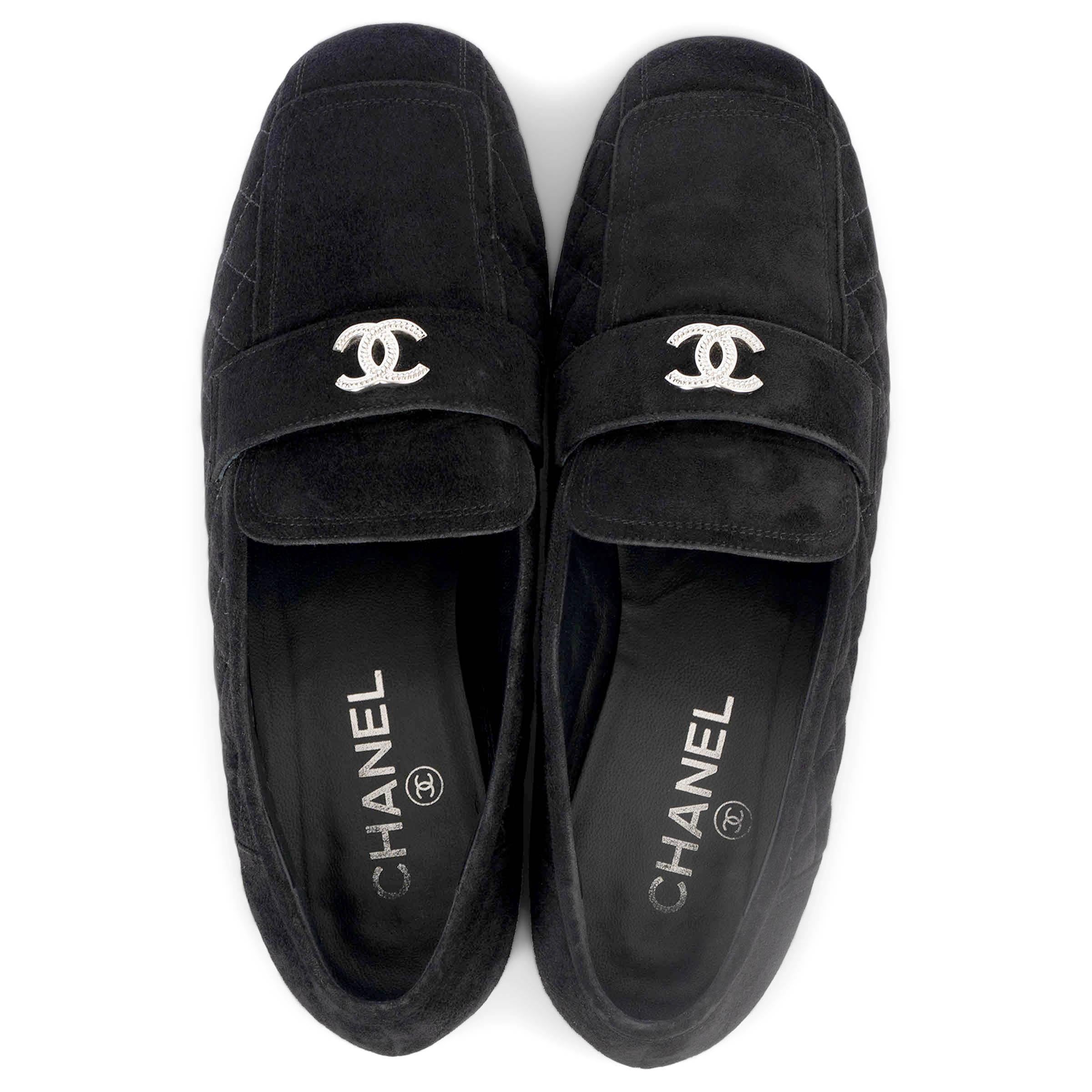 CHANEL black quilted suede 2019 19P Loafers Shoes 38.5 For Sale 1