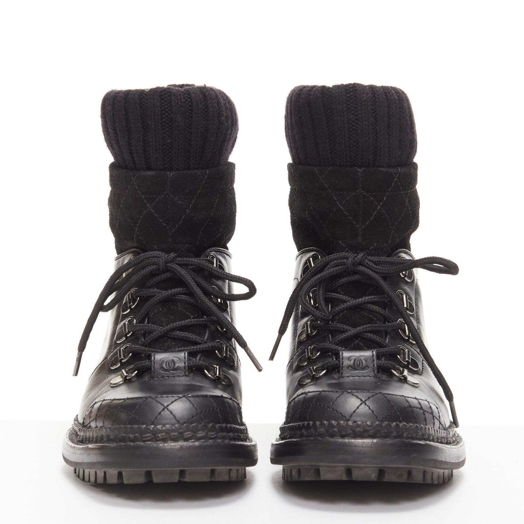 Black CHANEL black quilted trim CC logo tromp loeil sock ankle boots EU38