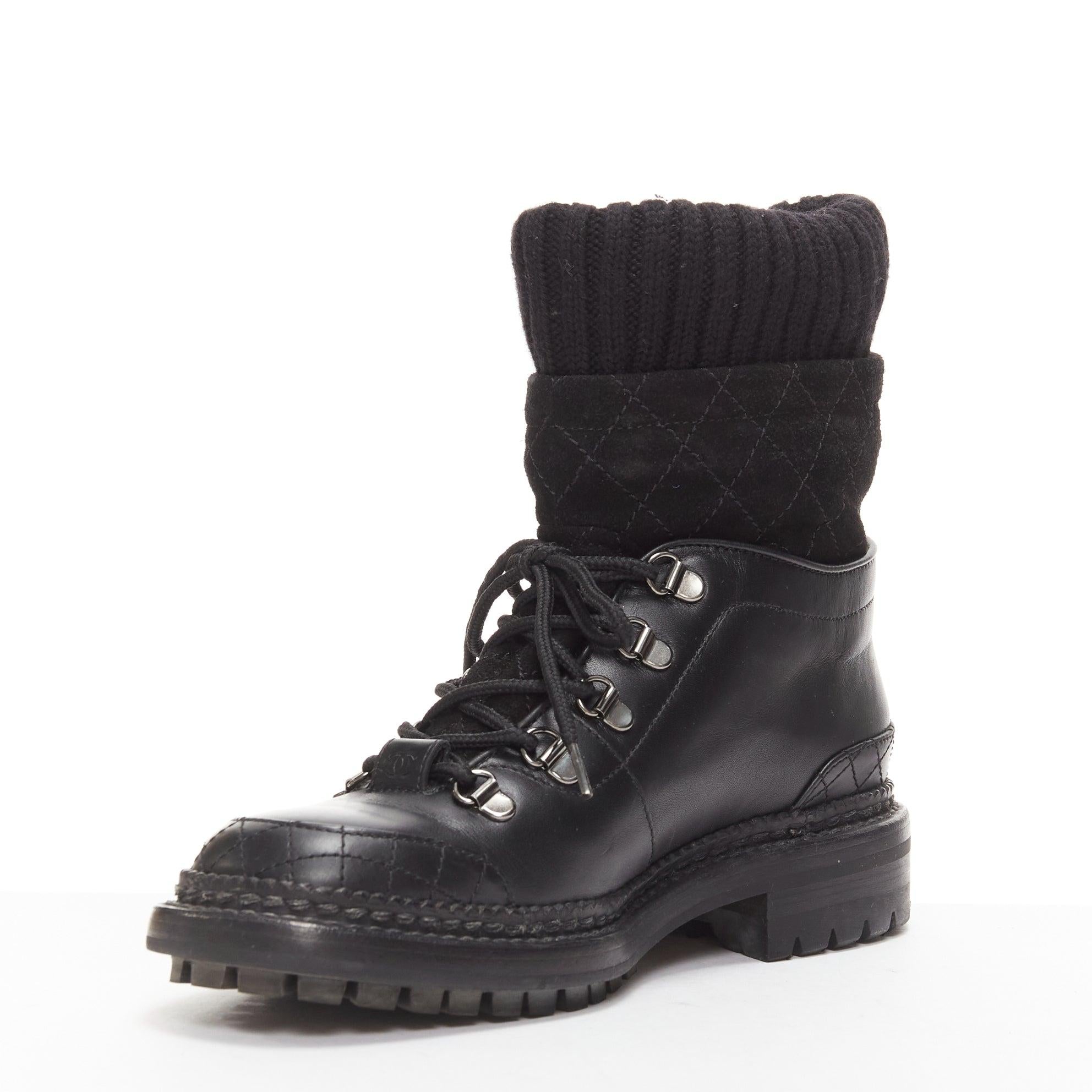 Women's CHANEL black quilted trim CC logo tromp loeil sock ankle boots EU38 For Sale