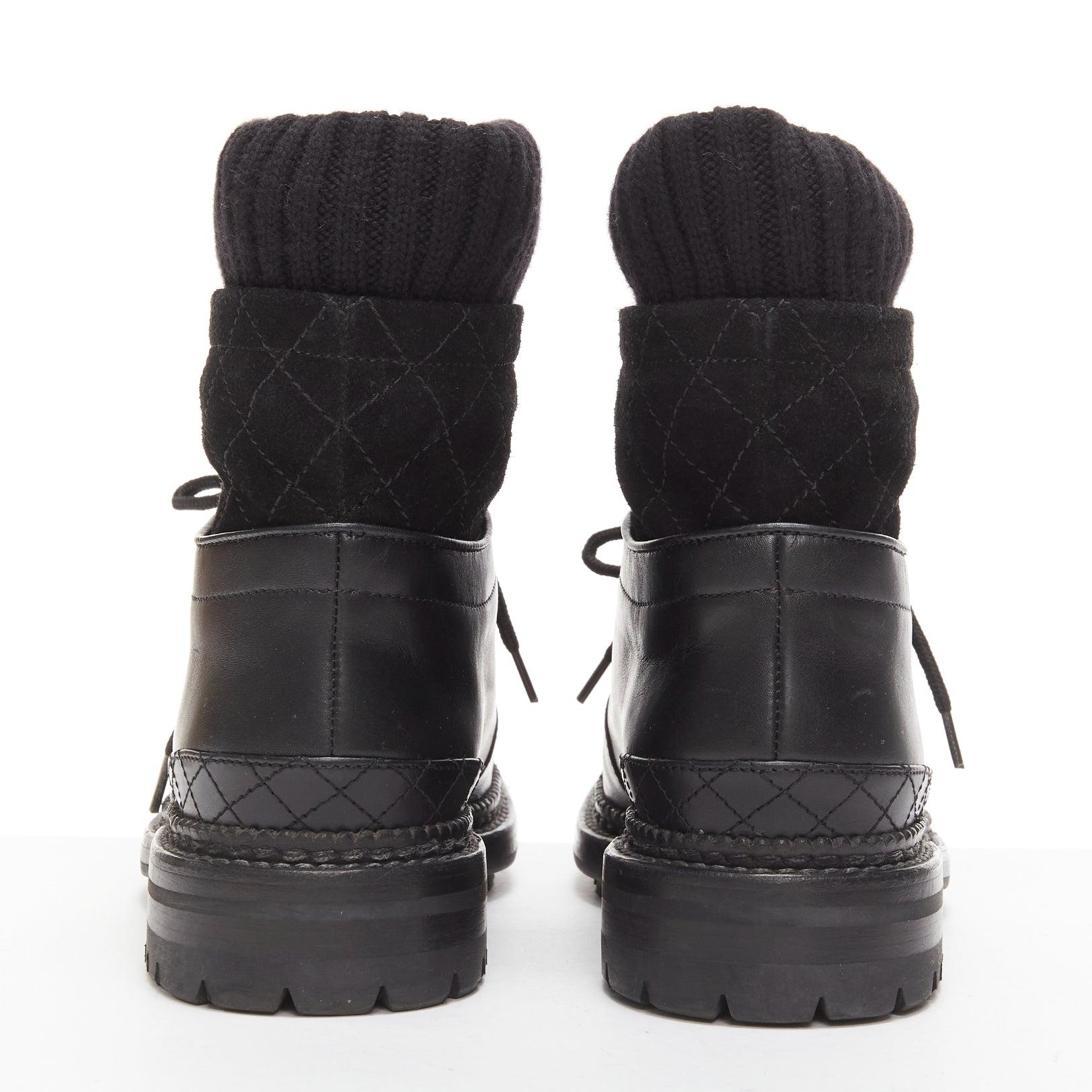 Women's CHANEL black quilted trim CC logo tromp loeil sock ankle boots EU38